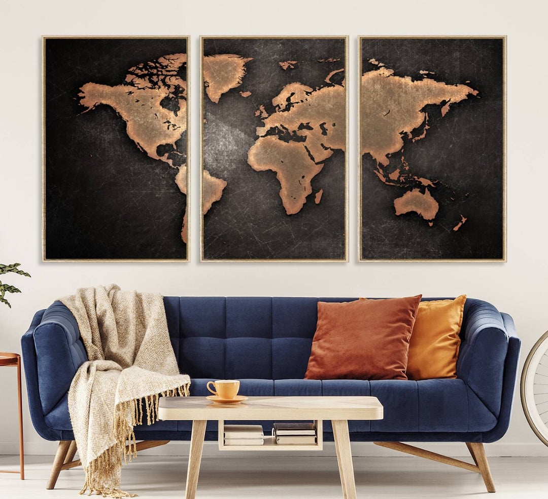 Maroon World Map Wall Art: Copper continents on a grunge-stained canvas, ideal for enhancing your decor.