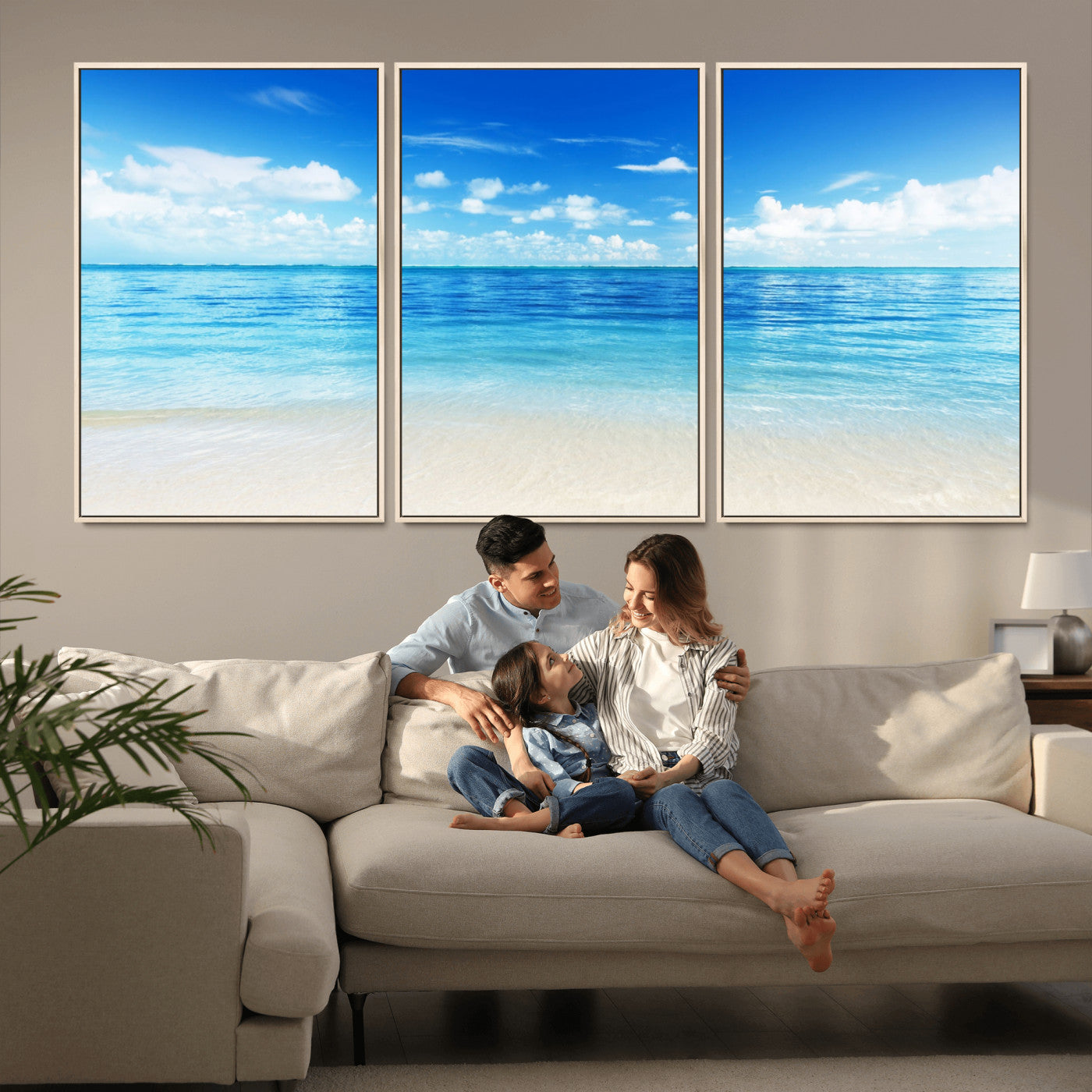 MGV-FC-60X30-3P - Beach Scene Canvas Wall Art Print – Tranquil Ocean Horizon and White Sand Beach Wall Decor for Home