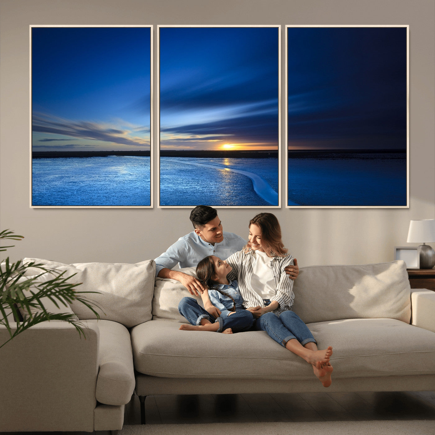 MGV-FC-60X30-3P - Blue Sunset Ocean Canvas Wall Art Print – Serene Coastal Horizon Wall Decor for Home or Office –