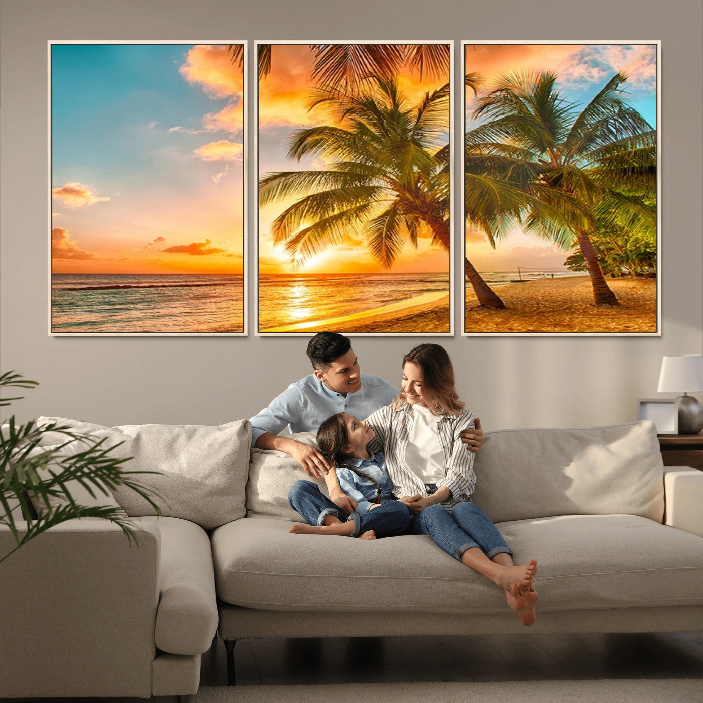 MGV-FC-60X30-3P - Tropical Sunset Beach Canvas Wall Art Print – Vibrant Palm Trees and Coastal Sunset Wall Decor for