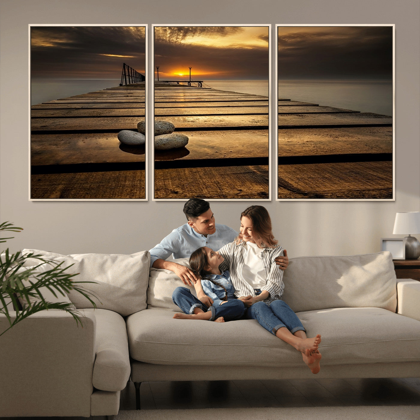 MGV-FC-60X30-3P - Stones on Wooden Pier at Sunset Canvas Print, Serene Coastal Wall Art, Beach Sunset Photography,
