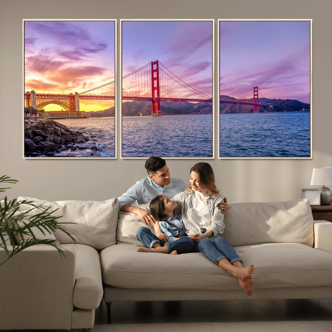 MGV-FC-60X30-3P - Golden Gate Bridge Wall Art Print, San Francisco Sunset Canvas Wall Art, Cityscape Canvas Print for