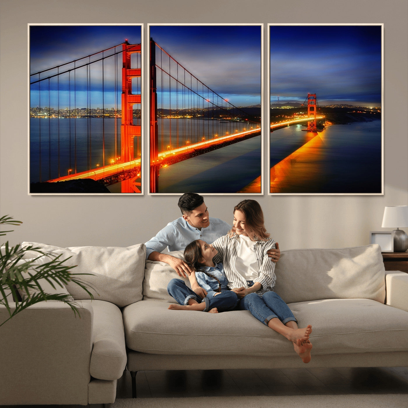 MGV-FC-60X30-3P - Large Wall Art San Francisco Canvas Print - Wonderful Golden Gate Bridge at Twilight