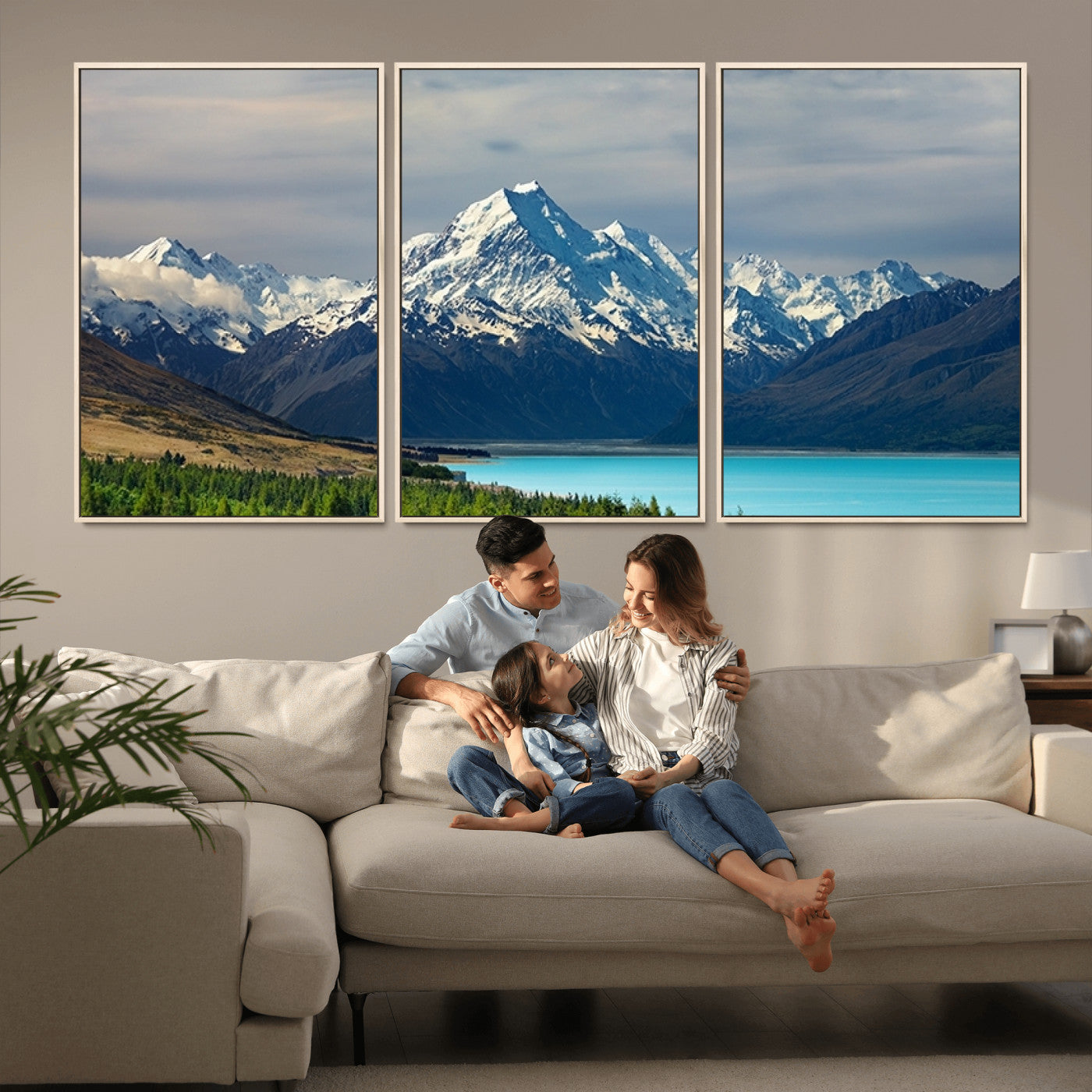 MGV-FC-60X30-3P - Mount Cook and Lake Pukaki Canvas Wall Art Print – Majestic Snow-Capped Peaks and Serene Lake Wall