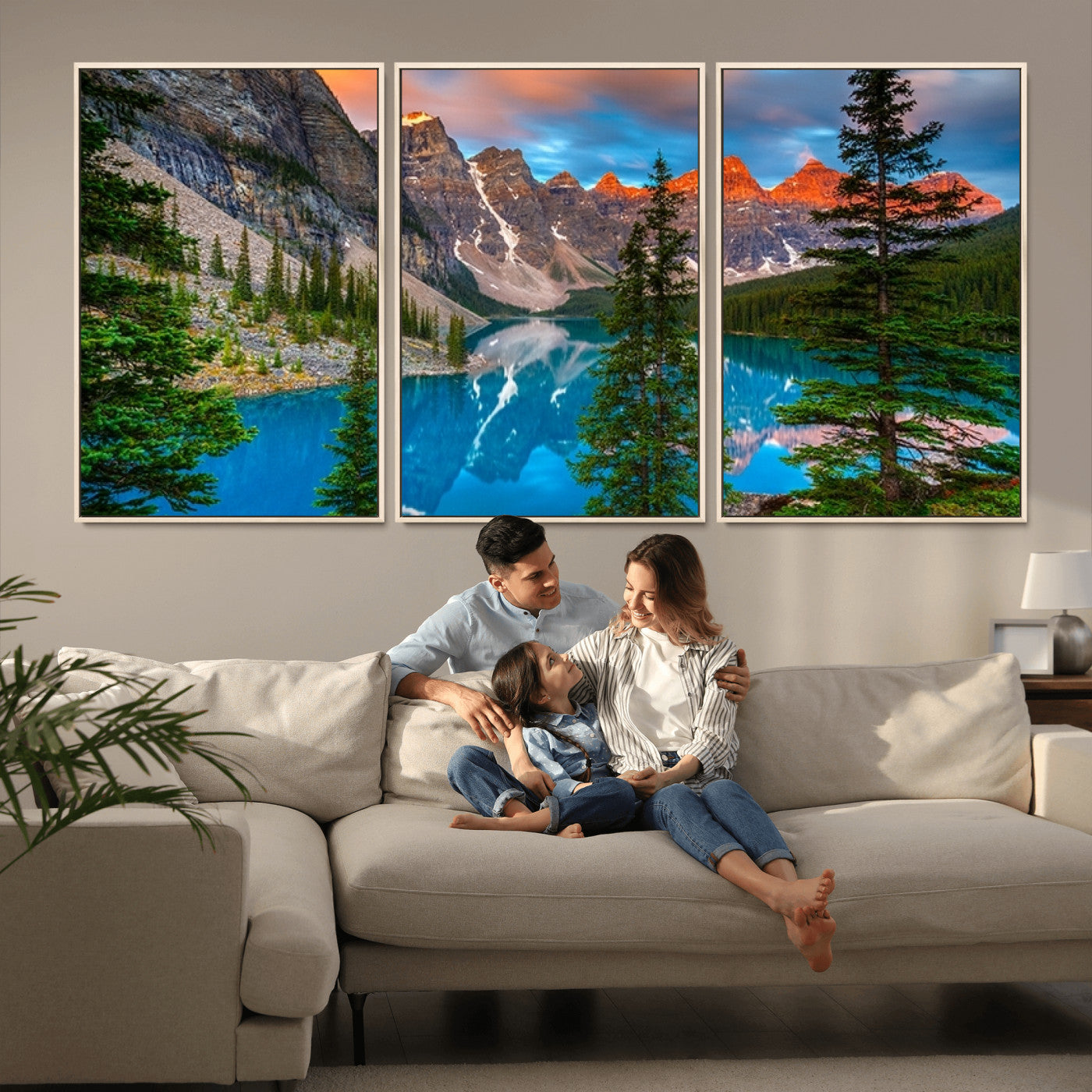 MGV-FC-60X30-3P - Canadian Rockies Moraine Lake Wall Art Canvas Print, Pine Trees Mountain Spring Canvas Print