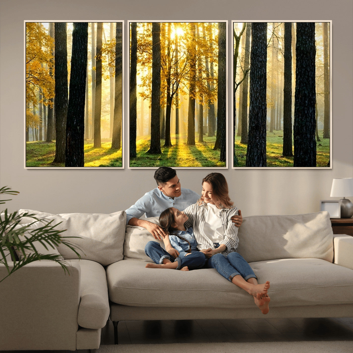 60024-MGV-FC-60X30-3P_Natural-Sunlit Forest Wall Art Canvas Print - Large Framed Woodland Wall Art for Home or Office Decor, Rustic Nature Scene with Golden Light
