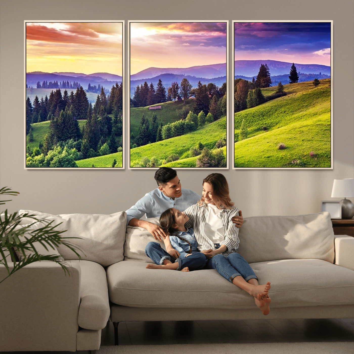 MGV-FC-60X30-3P - Green Hills and Sunset Wall Art Print - Scenic Landscape with Lush Greenery and Vibrant Sky, Ready