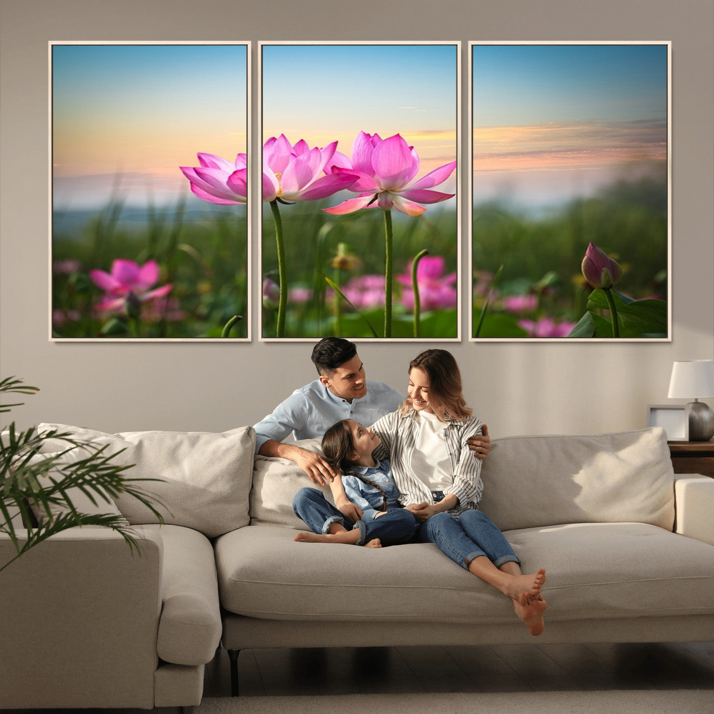 64234-MGV-FC-60X30-3P_Natural-Pink Flower on the Mountain Canvas Print, Framed Pink Flower Canvas Wall Art