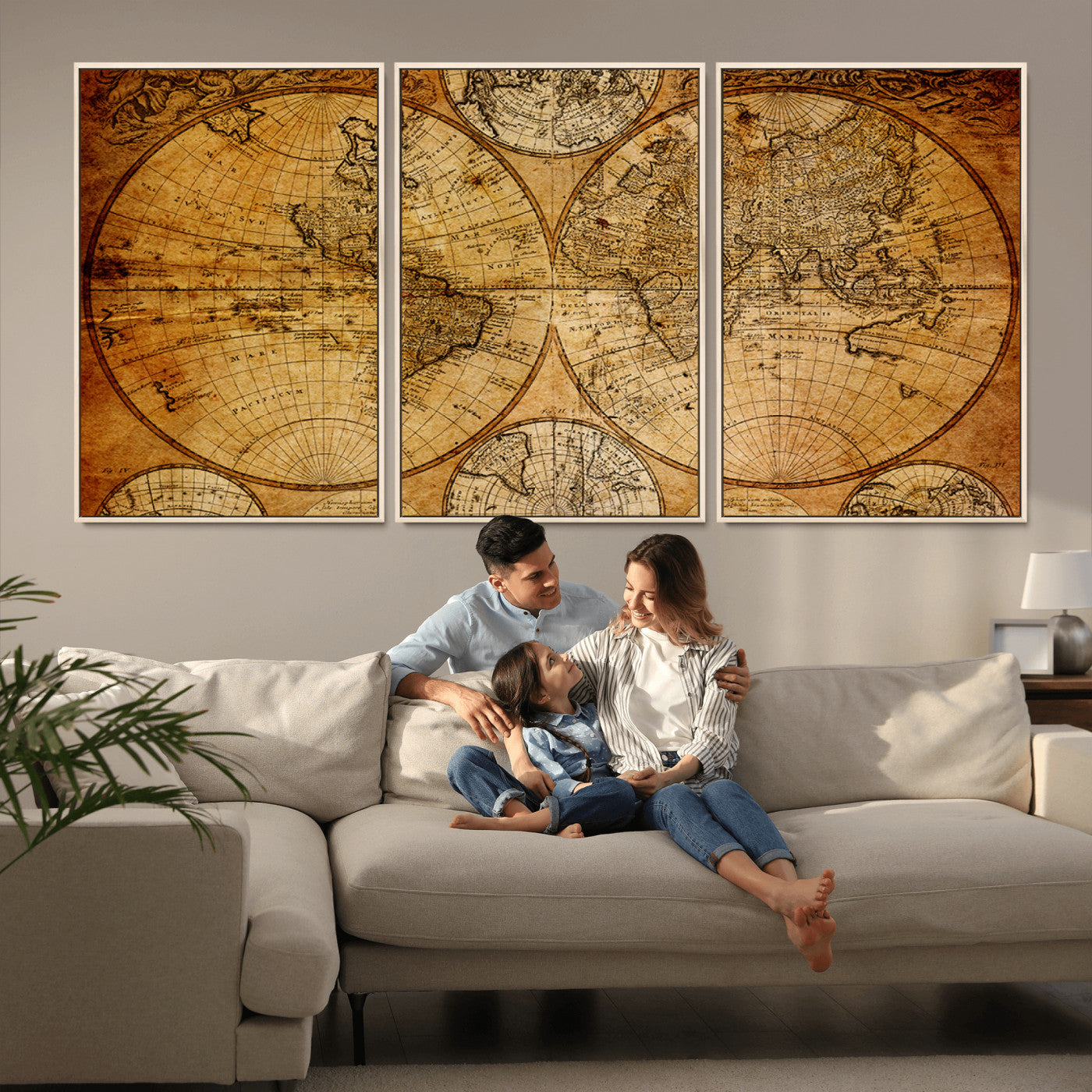 25517-MGV-FC-60X30-3P - Vintage World Map Canvas Print – Antique Push Pin Travel Map, Framed Wall Art for Home or Office Decor