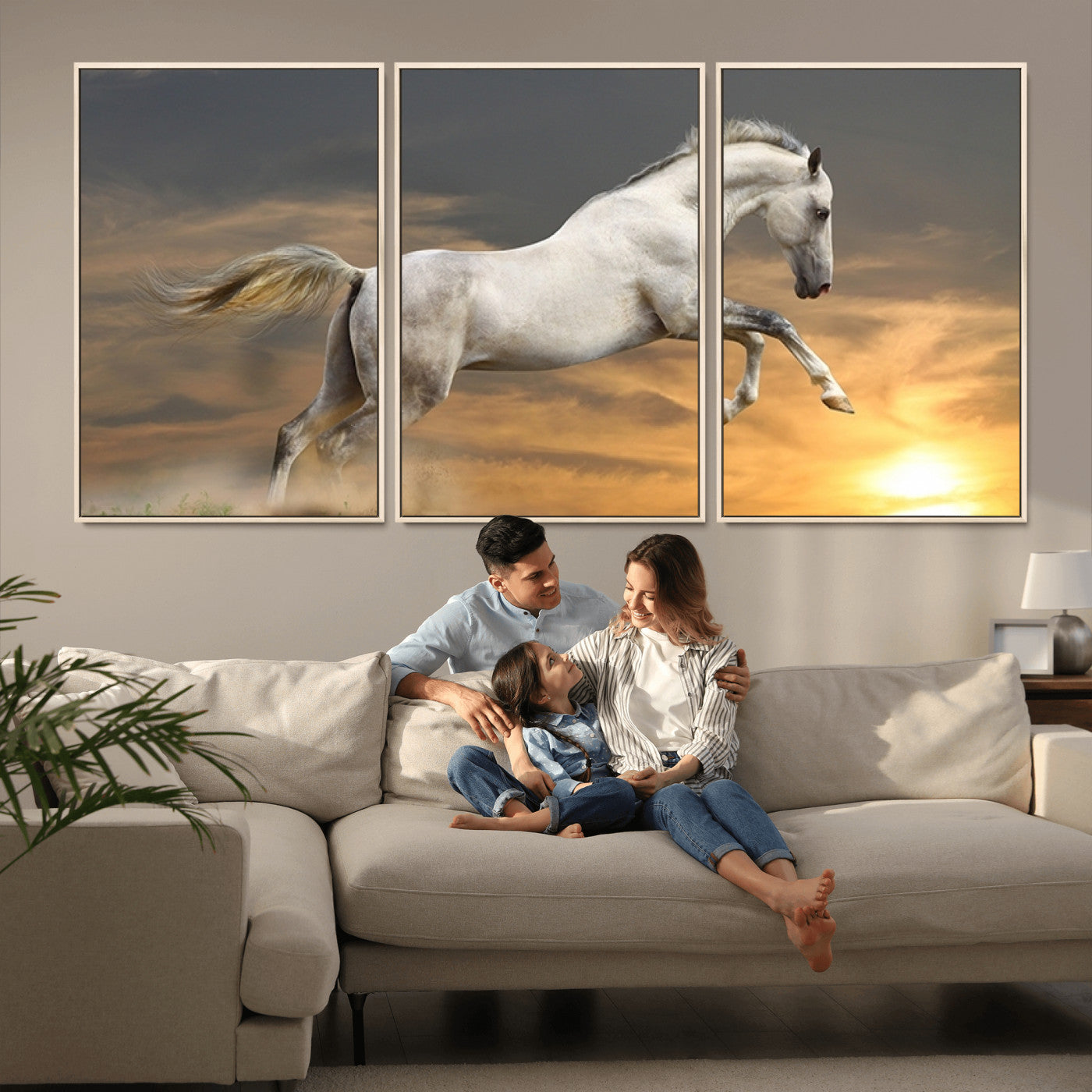 MGV-FC-60X30-3P - Large Wall Art Animal Canvas Print - White Jumping Horse at Sunset