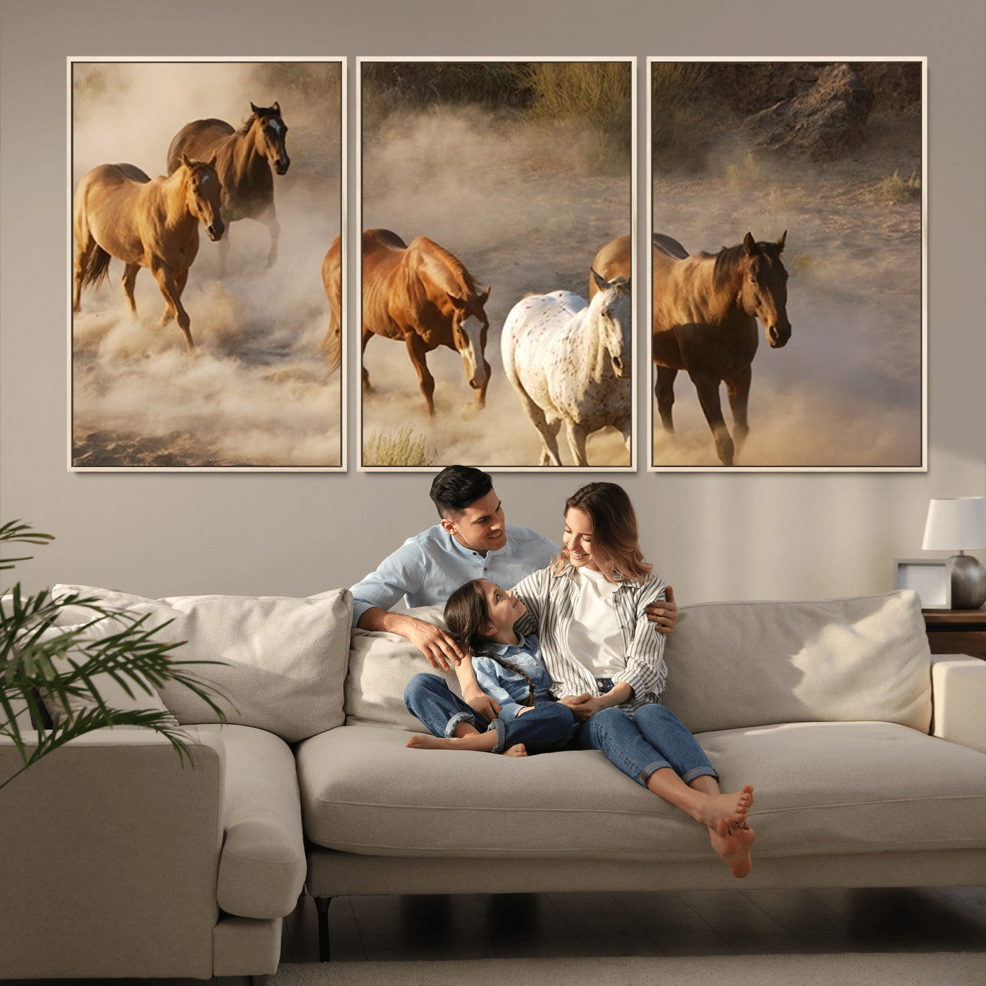 MGV-FC-60X30-3P - Large Wall Art 5 Horses Running on Sand Canvas Print