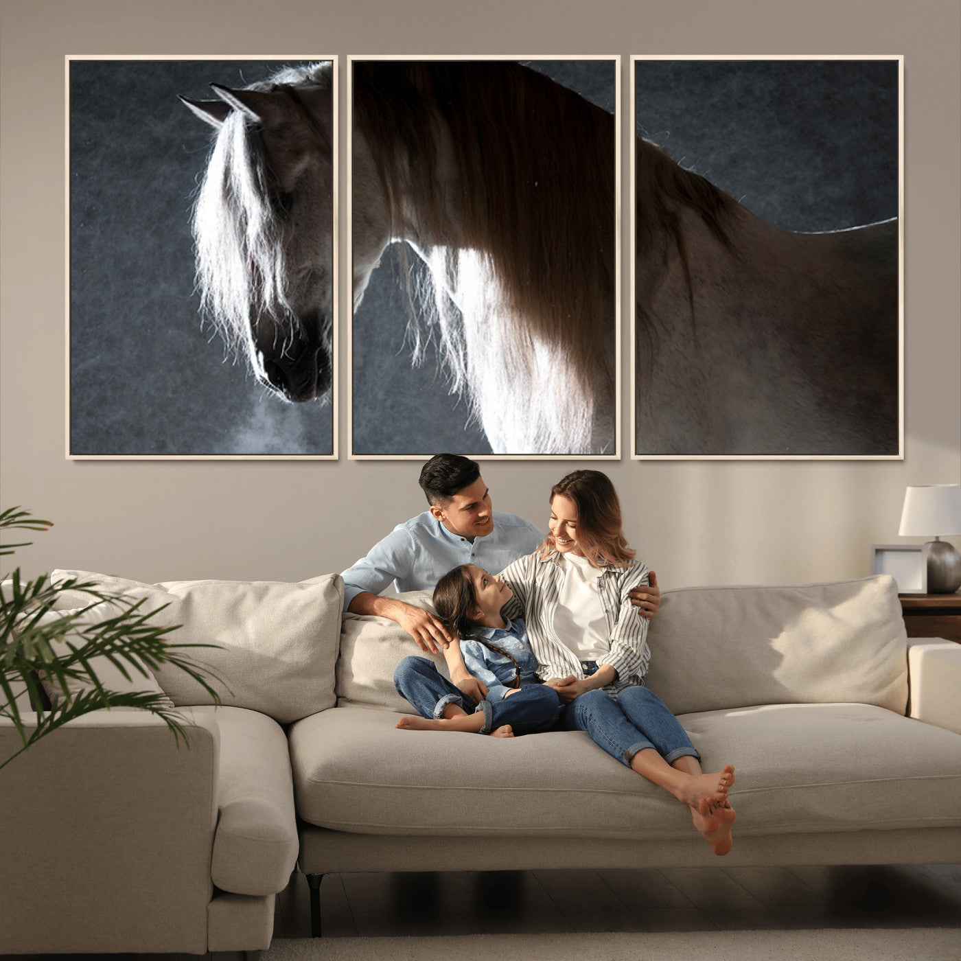 MGV-FC-60X30-3P - Large Wall Art Cream Colored Horse on Grey Background Canvas Print