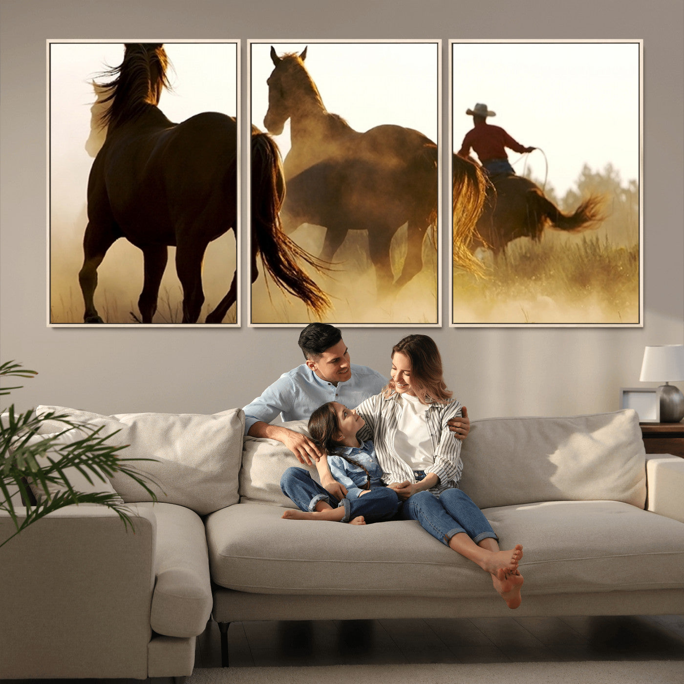 49068-MGV-FC-60X30-3P_Natural-Horses and Cowboys Wall Art Canvas Print