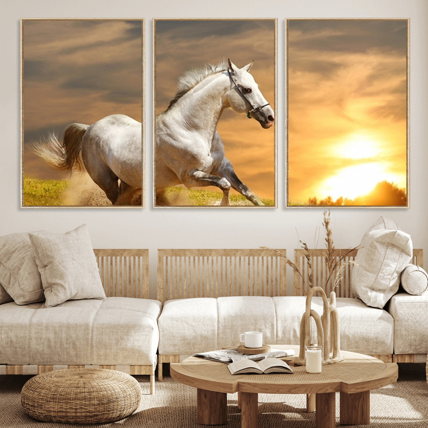 MGV-FC-60X30-3P - Large Wall Art Galloping White Horse at Sunset Canvas Print