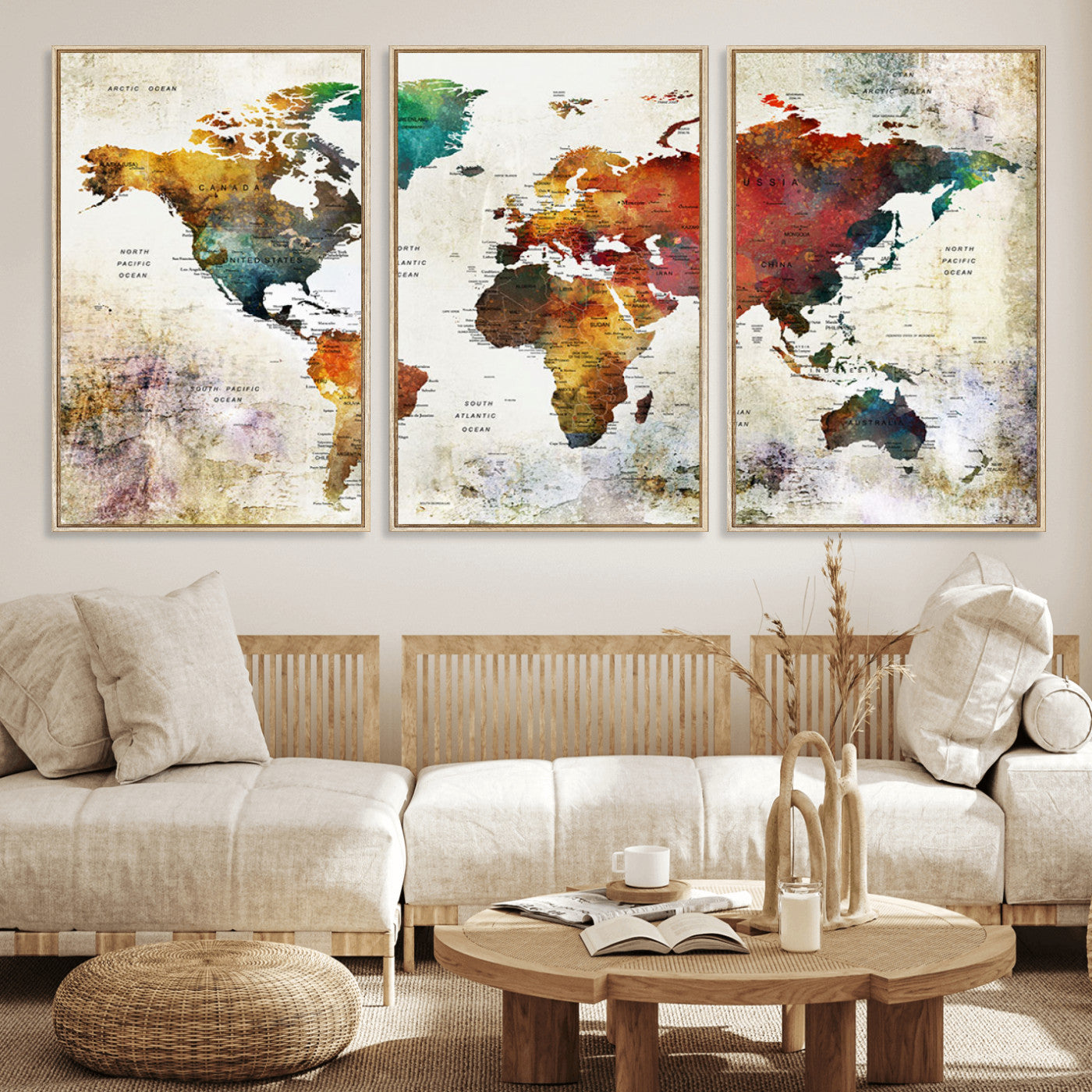 92207-MGV-FC-60X30-3P_Natural-Push Pin World Map Canvas Print – Framed Wall Art for Couples to Track Their Travels – Anniversary