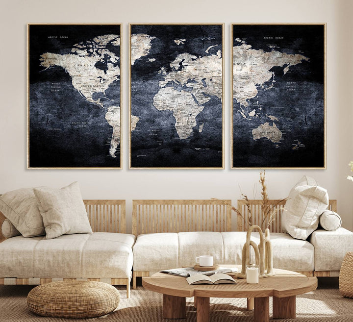 Rustic Black and Bronze World Map Canvas Triptych features white continents on a grunge-stained background.