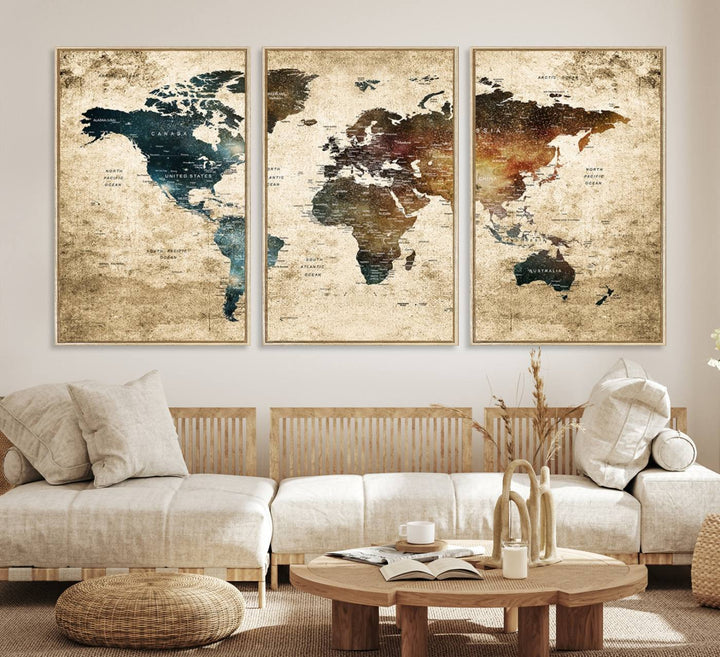 Grunge World Map Canvas featuring earth-toned continents, suitable for study, office, or living room.