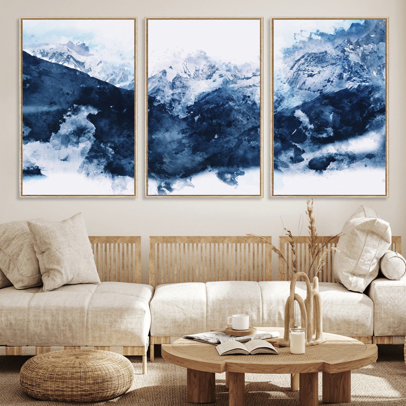81700-MGV-FC-60X30-3P_Natural-Abstract Blue Mountain Canvas Wall Art – Modern Triptych Landscape Print – Contemporary Nature Decor for Living Room or Office – Ready to