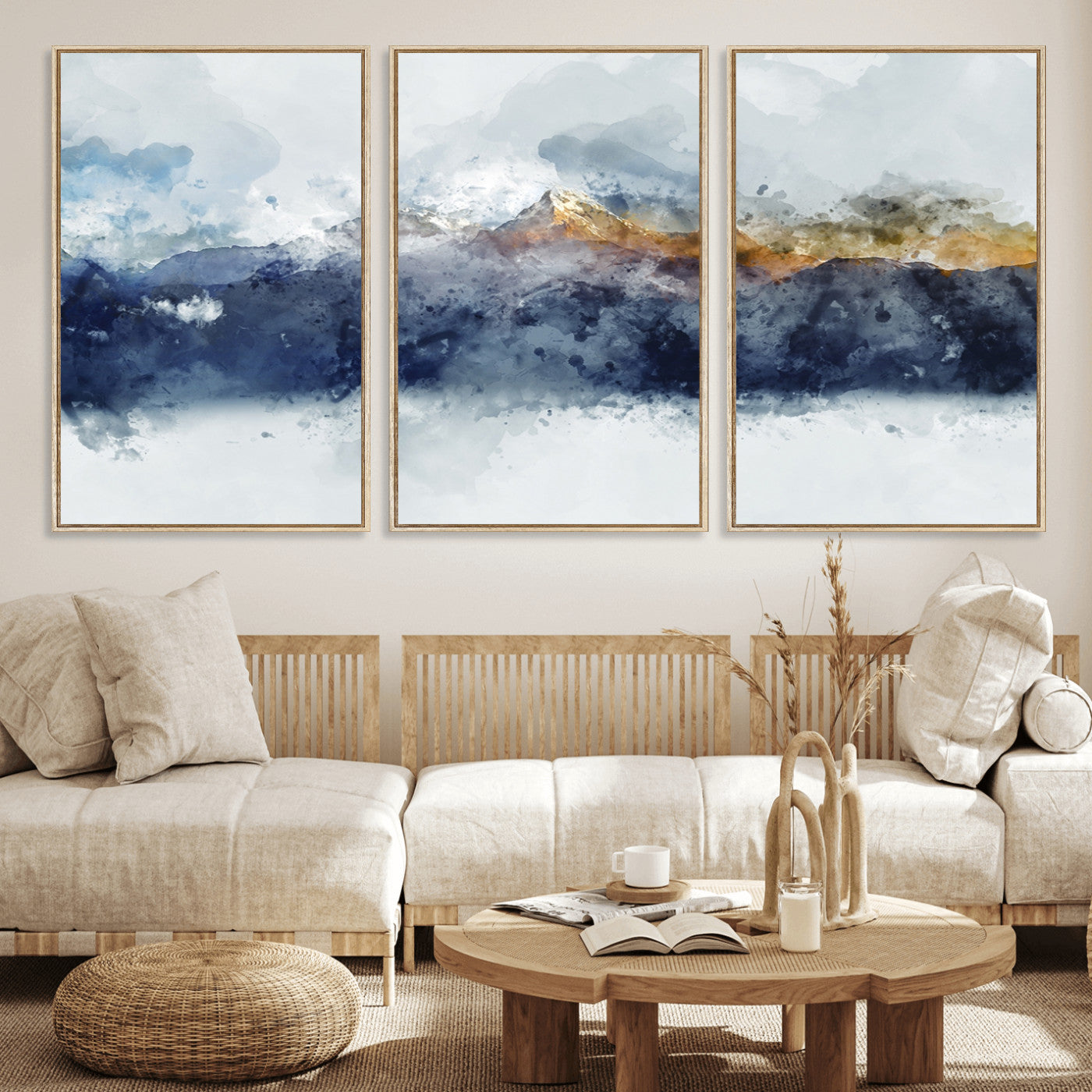 89149-MGV-FC-60X30-3P_Natural-Abstract Mountain Range Art Canvas Print | 3 Panel Watercolor Landscape for Living Room, Office, or Bedroom | Large Ready-to-Hang Artwork