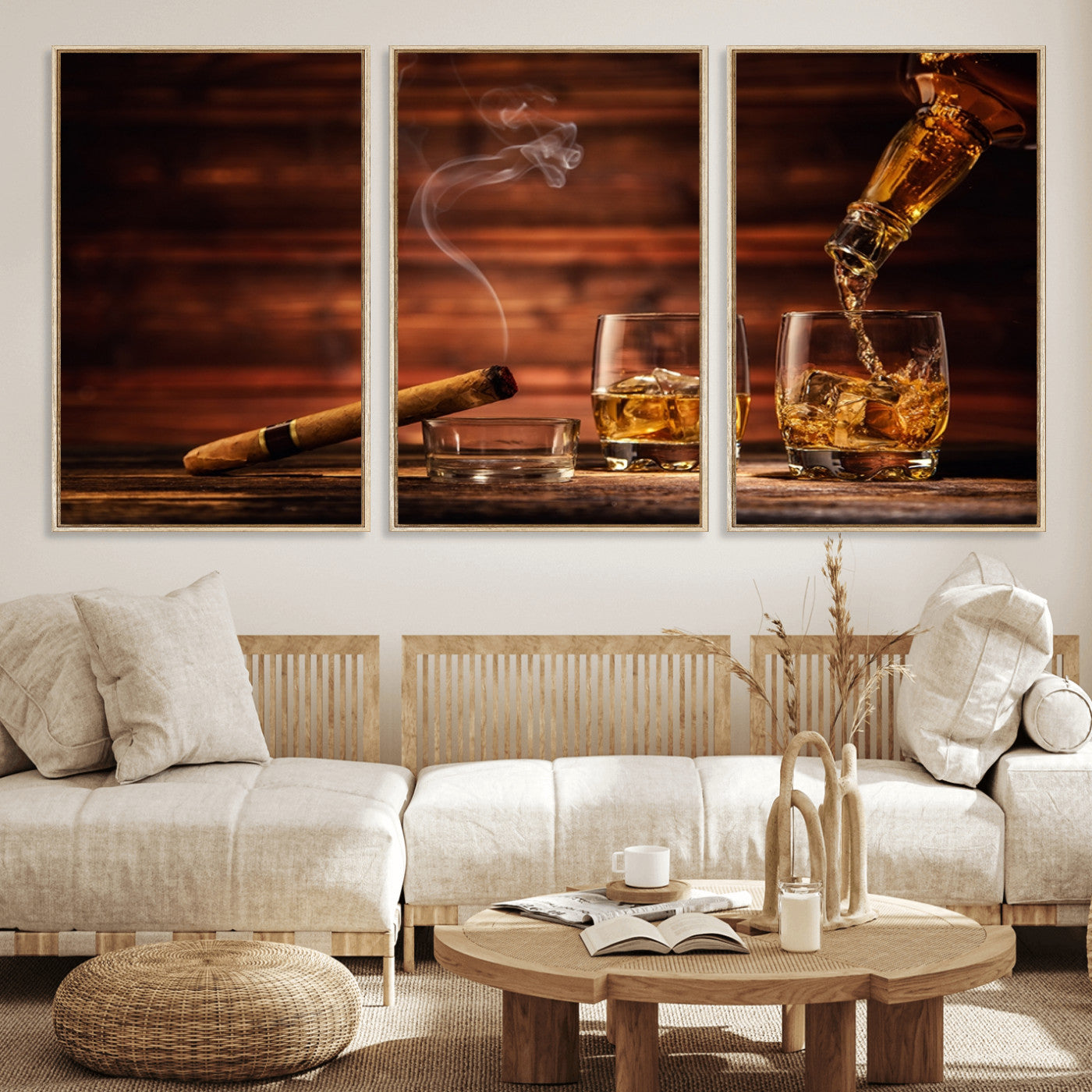 MGV-FC-60X30-3P - Whiskey and Cigar Wall Art Canvas | 3 Panel Bar Room Decor for Home Lounge, Office, or Man Cave |
