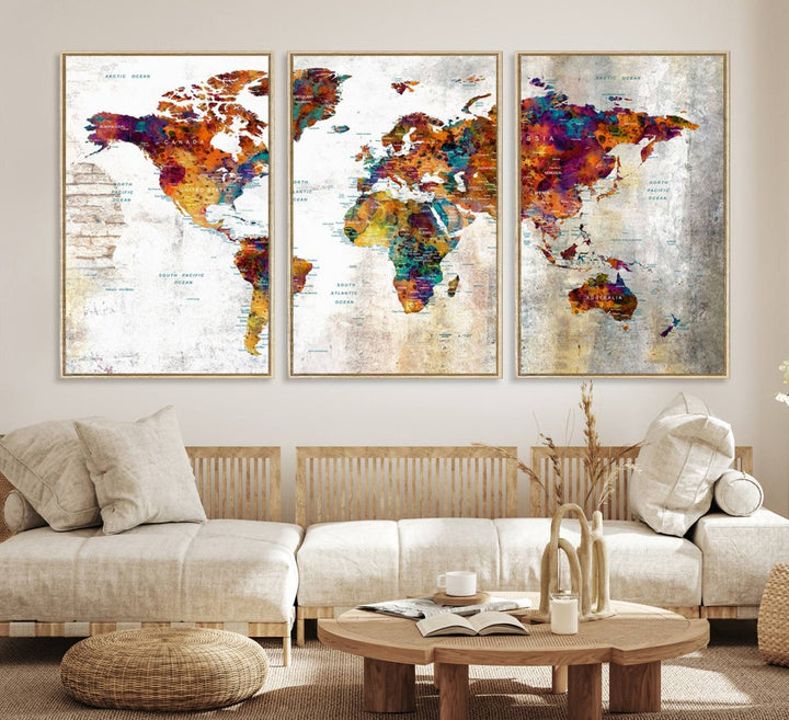 A vibrant Grunge Map Canvas Wall Art Set (3 Panels) for home or office decor, perfect for travel enthusiasts.