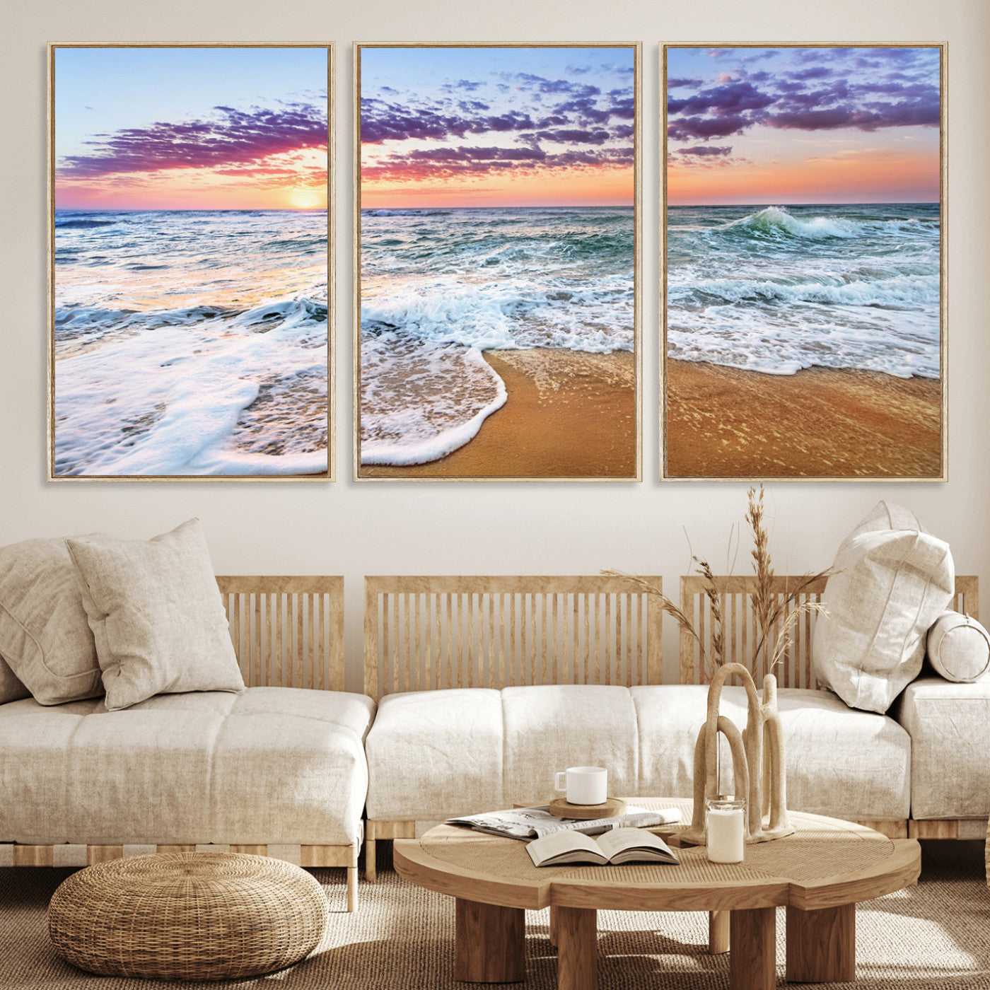 MGV-FC-60X30-3P - Coastal Sunset Art Beach Canvas Wall Art Print | Ocean Waves Wall Art | Large 3-Panel Seascape for
