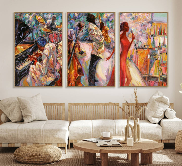 The Abstract Afro American Jazz Canvas captures a vibrant jazz band and showcases a woman dancing in red, making it perfect for dining or music spaces.