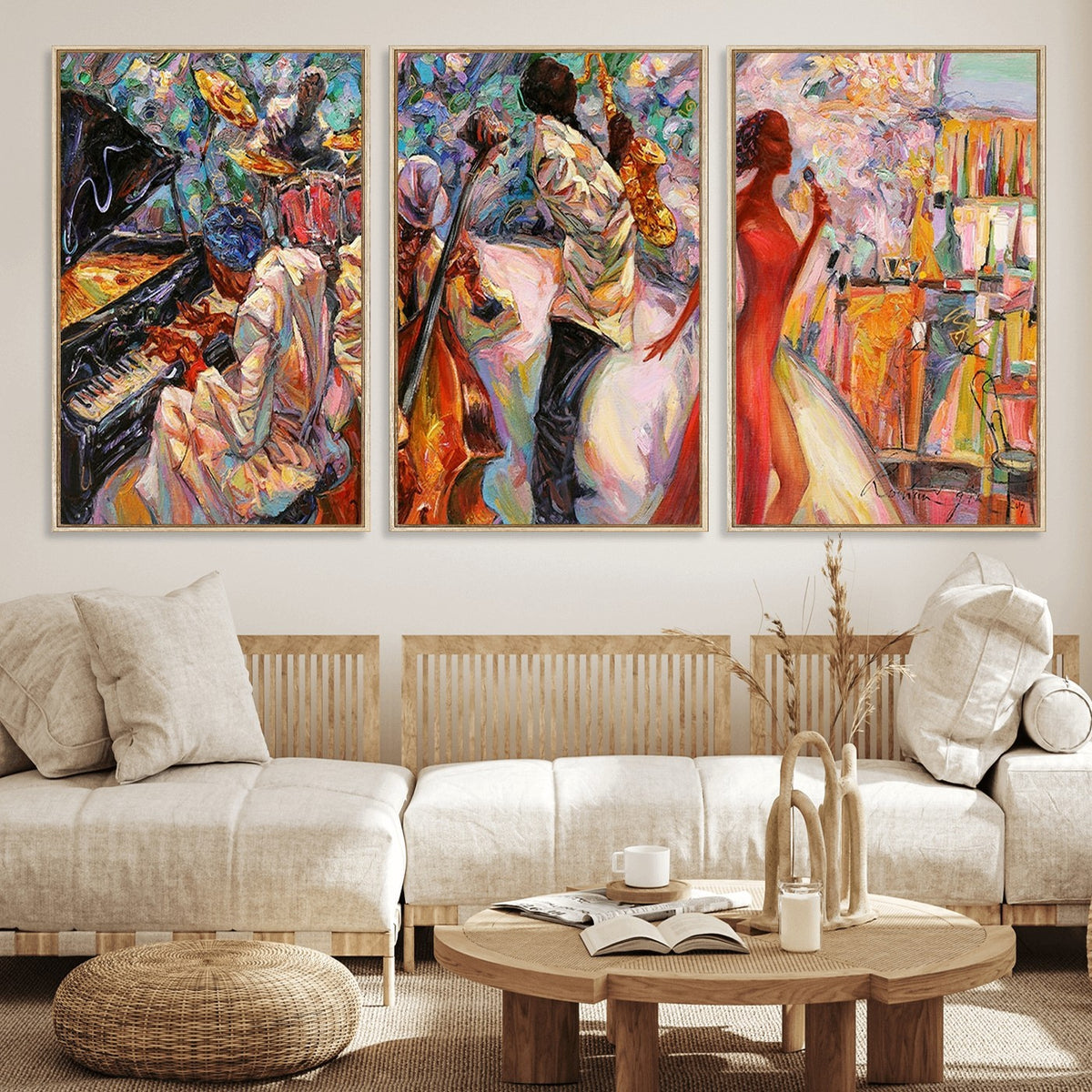40574-_Poster-30x20 - Afro American Jazz Band Canvas Wall Art | 3 Panel Music Studio Decor