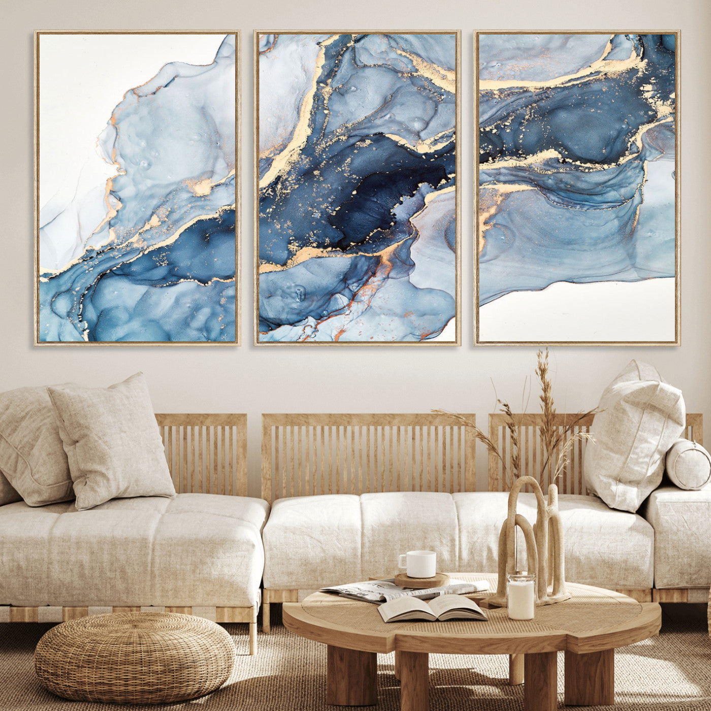 33782-MGV-FC-60X30-3P_Natural-Abstract Art Print - Blue Abstract Canvas Wall Art Print Abstract Art Fluid Effect Marble Wall Art