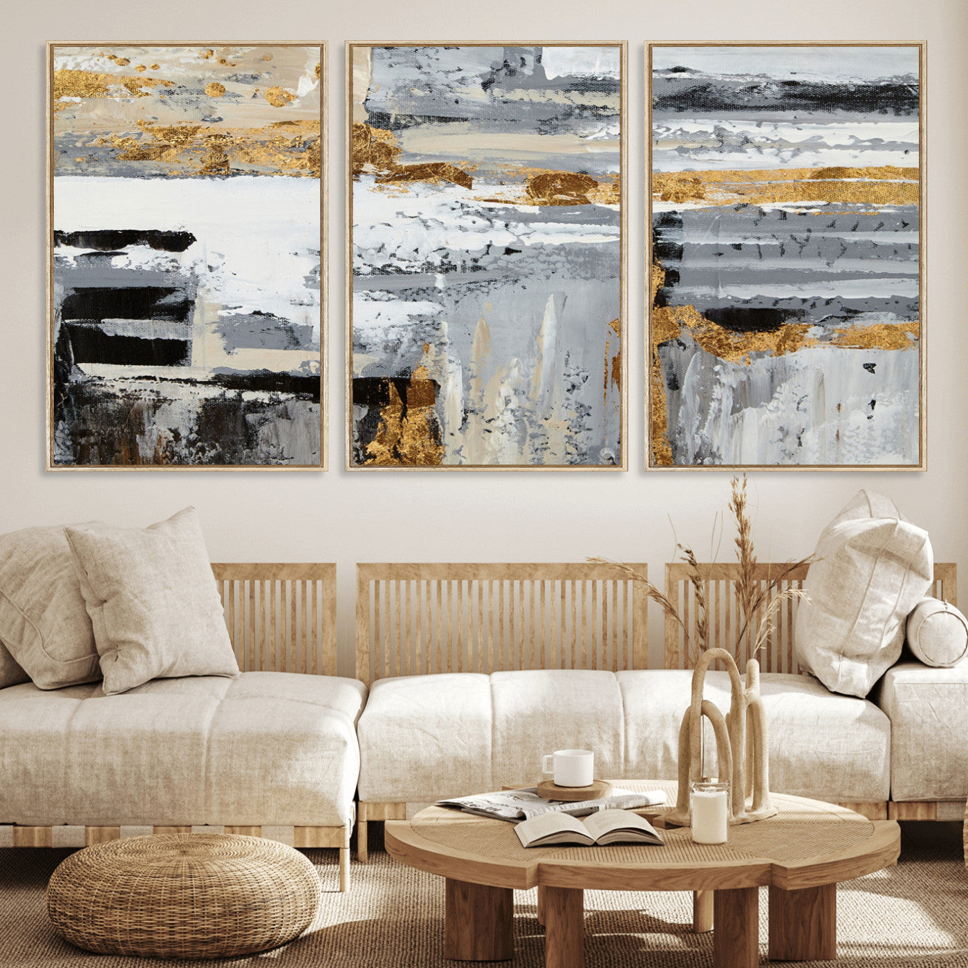 43177-MGV-FC-60X30-3P_Natural-Abstract Painting Canvas Wall Art Print Paint Drip Art Brush Strokes Gray Artwork