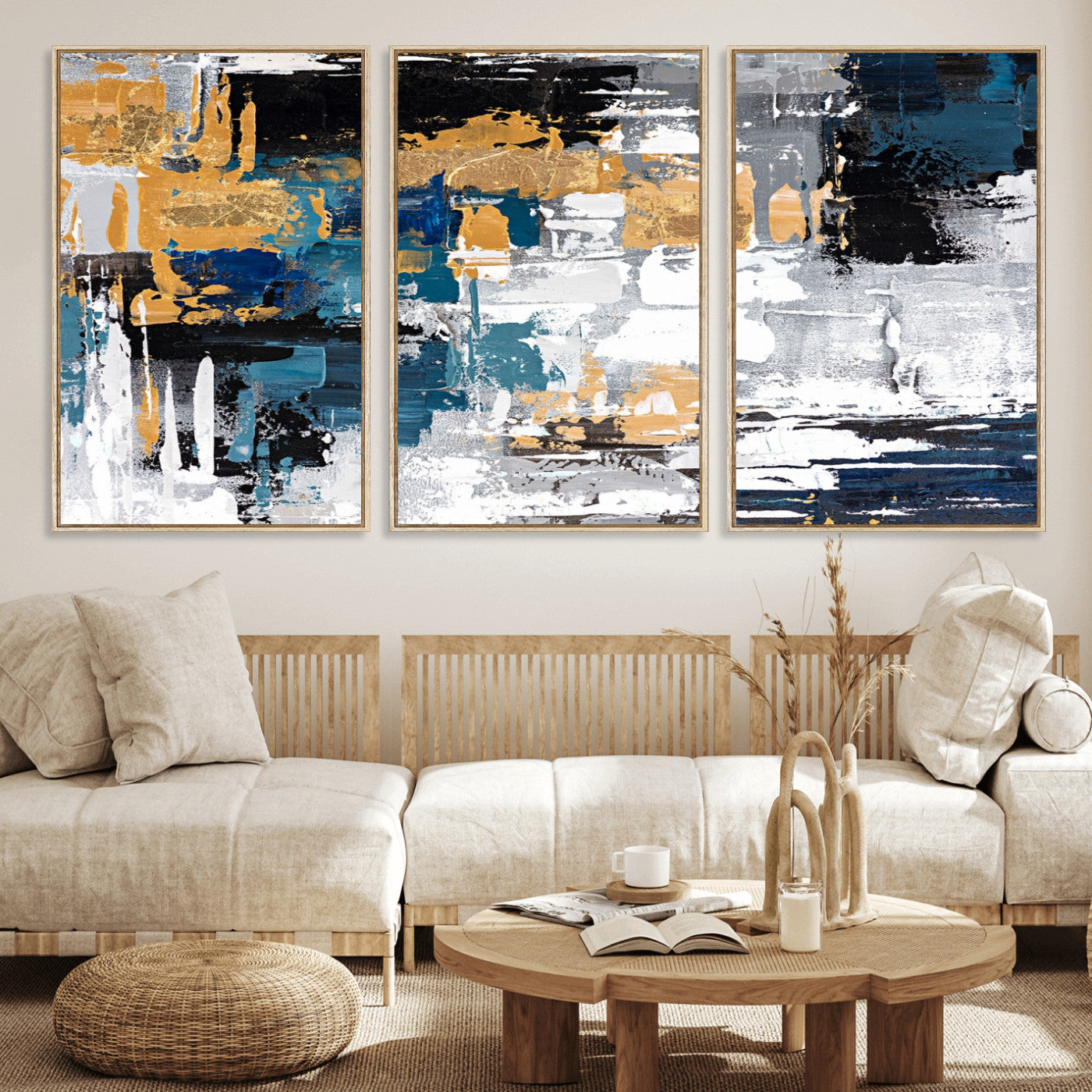 57708-MGV-FC-60X30-3P_Natural-Blue and Gold Abstract Canvas Wall Art – Triptych Modern Painting for Living Room – Framed and Ready to Hang