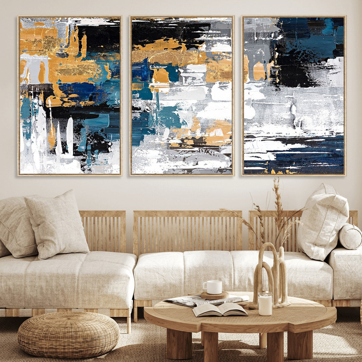 57708-_Poster-30x20 - Blue and Gold Abstract Canvas Wall Art | Triptych Modern Art Print