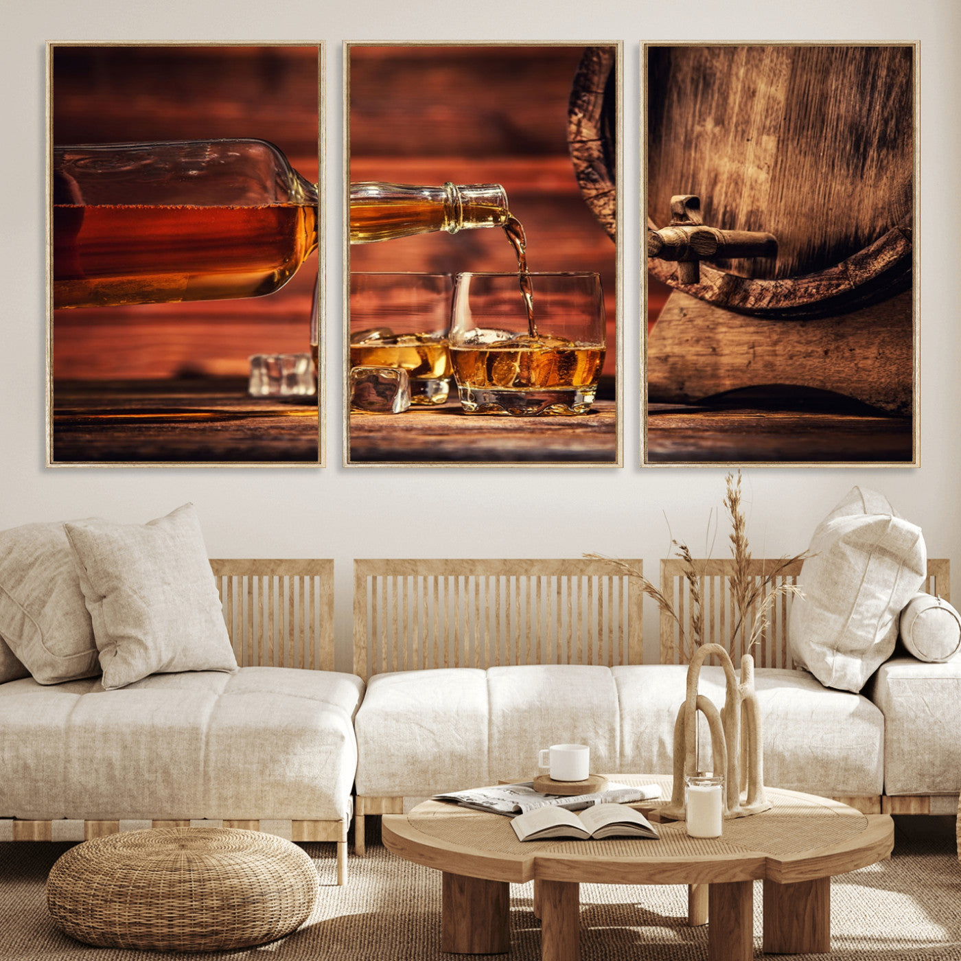 MGV-FC-60X30-3P - Whiskey and Cigar Canvas Wall Art | 3 Panel Bar Room Decor for Home Lounge, Office, or Man Cave |