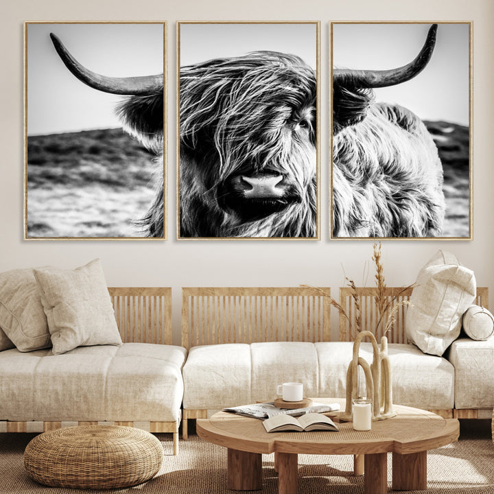 Highland Cow Wall Art | 3-Panel Black and White Highland Cow Canvas Print for Western Farmhouse Decor