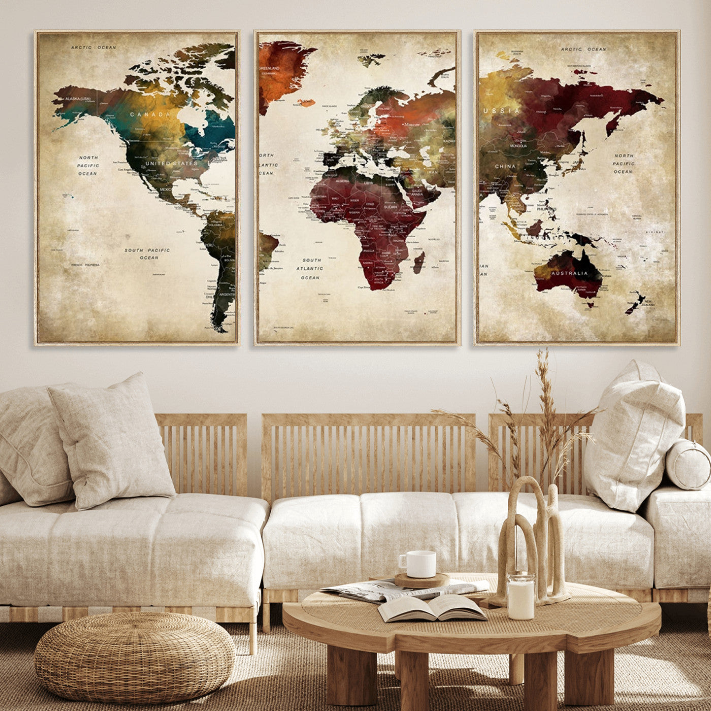 MGV-FC-60X30-3P - Large World Map Wall Art Canvas Print, Framed Push Pin Map Art Picture Print, Abstract Traveller Map Perfect Modern Decor Artwork