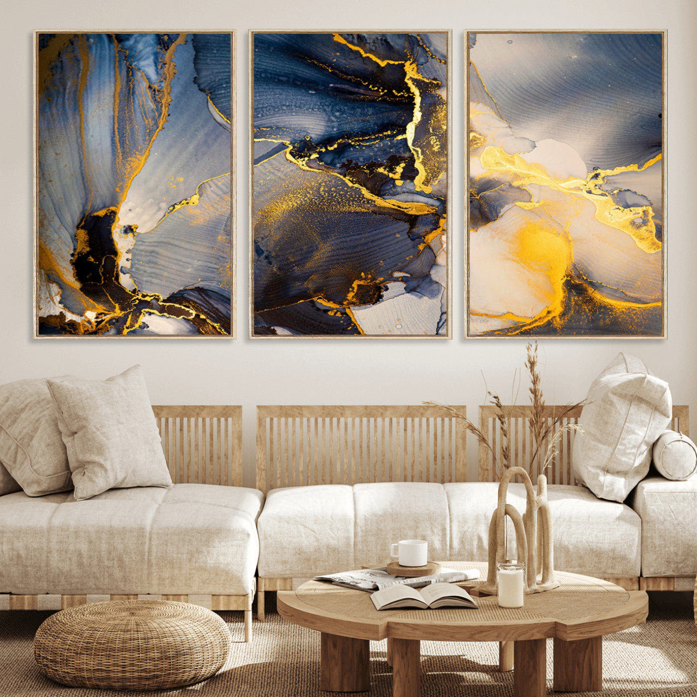 42100-MGV-FC-60X30-3P_Natural-Large Abstract Wall Art Print - Gold and Blue Abstract Canvas Wall Art | Fluid Ink Modern Luxury Wall Decor for Living Room Decor