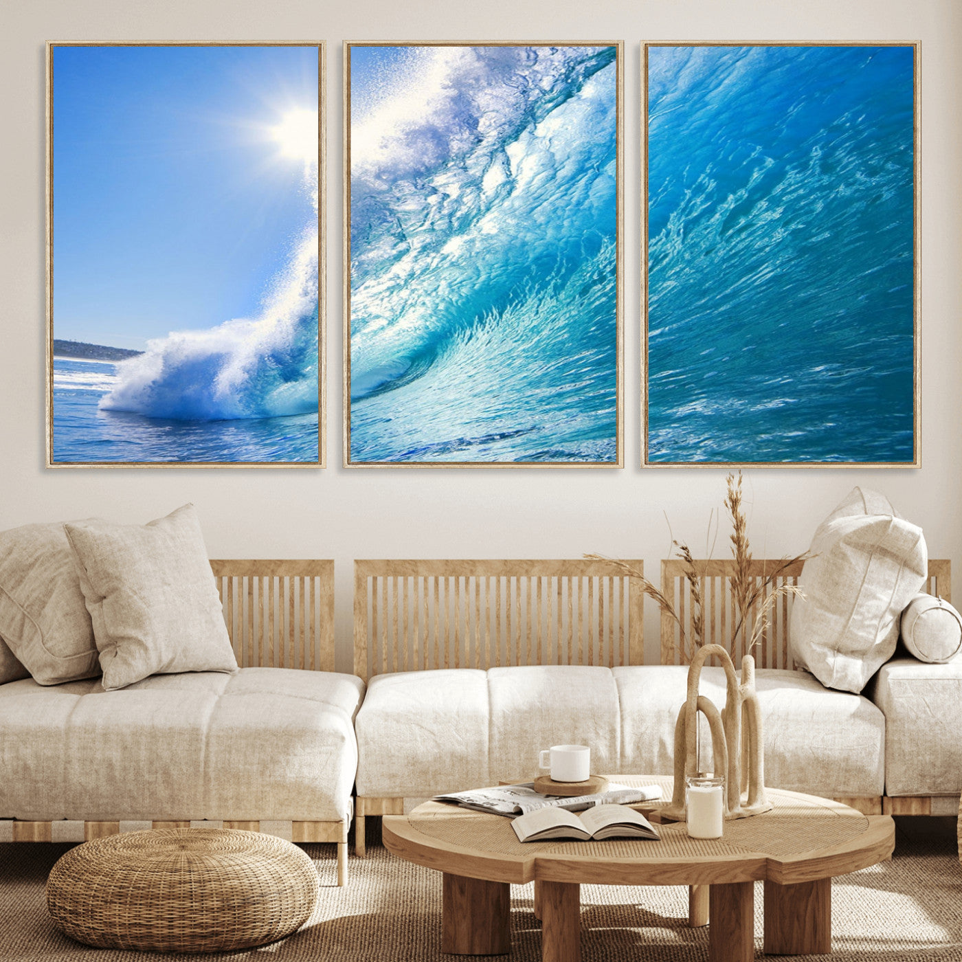 MGV-FC-60X30-3P - Blue Big Wave Surfing Ocean Canvas Wall Art Artwork Print , Surf Wall Art, Sea Wall Art