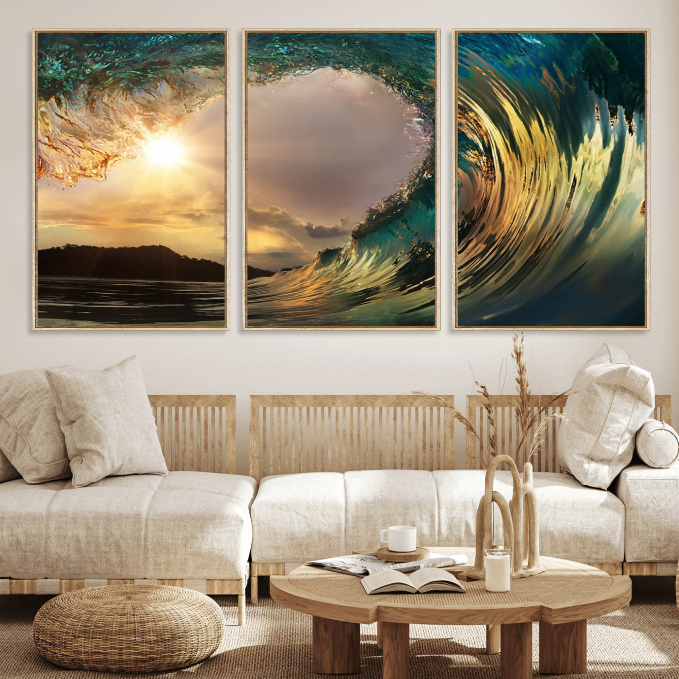 MGV-FC-60X30-3P - Golden Wave Sunset Giclee Canvas Print – Large Coastal Wall Art for Nature Lovers, Captivating Ocean Wave Decor