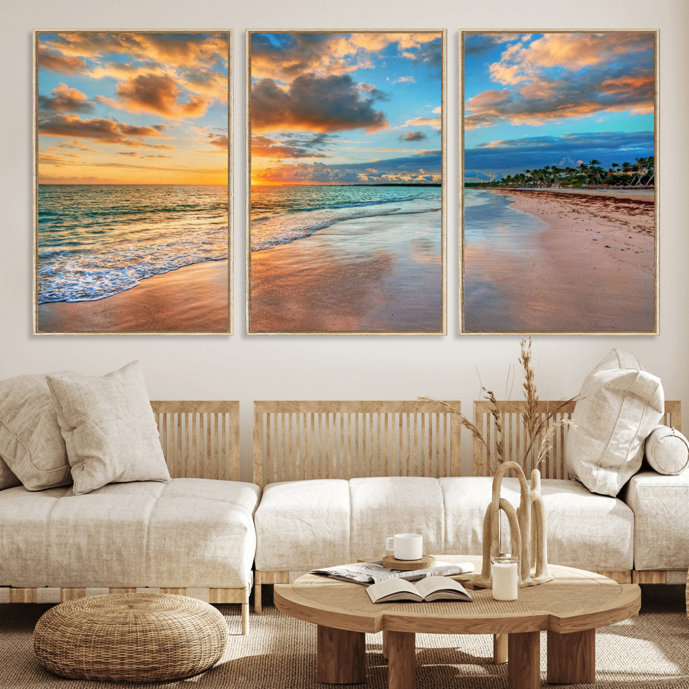 MGV-FC-60X30-3P - Sunset Ocean Waves on Tropical Beach, 3-Panel Giclee Canvas Art for Coastal Home Decor, Vibrant Palm-Lined Shore