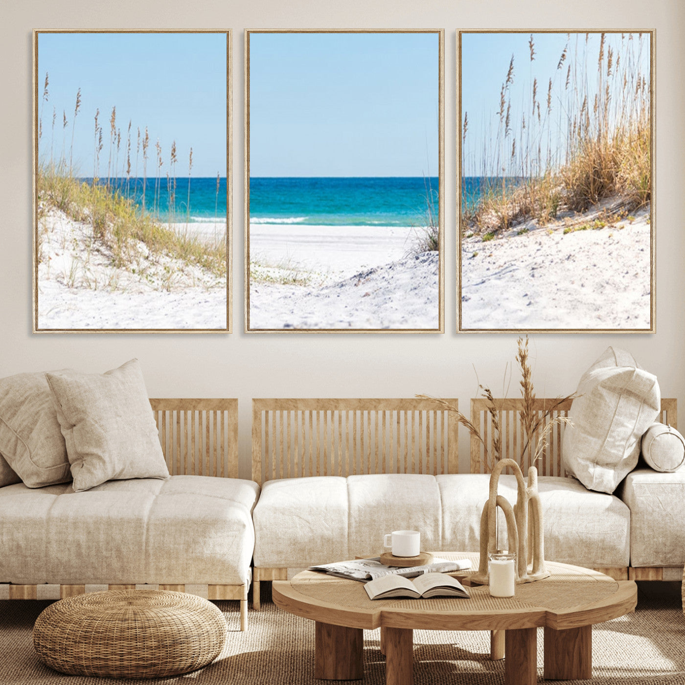 MGV-FC-60X30-3P - Serene Coastal Dune Path with Ocean View, 3-Panel Beach Canvas Wall Art, Tranquil Seascape Giclee Print, Gallery Wrap, Perfect for Coastal Home Decor
