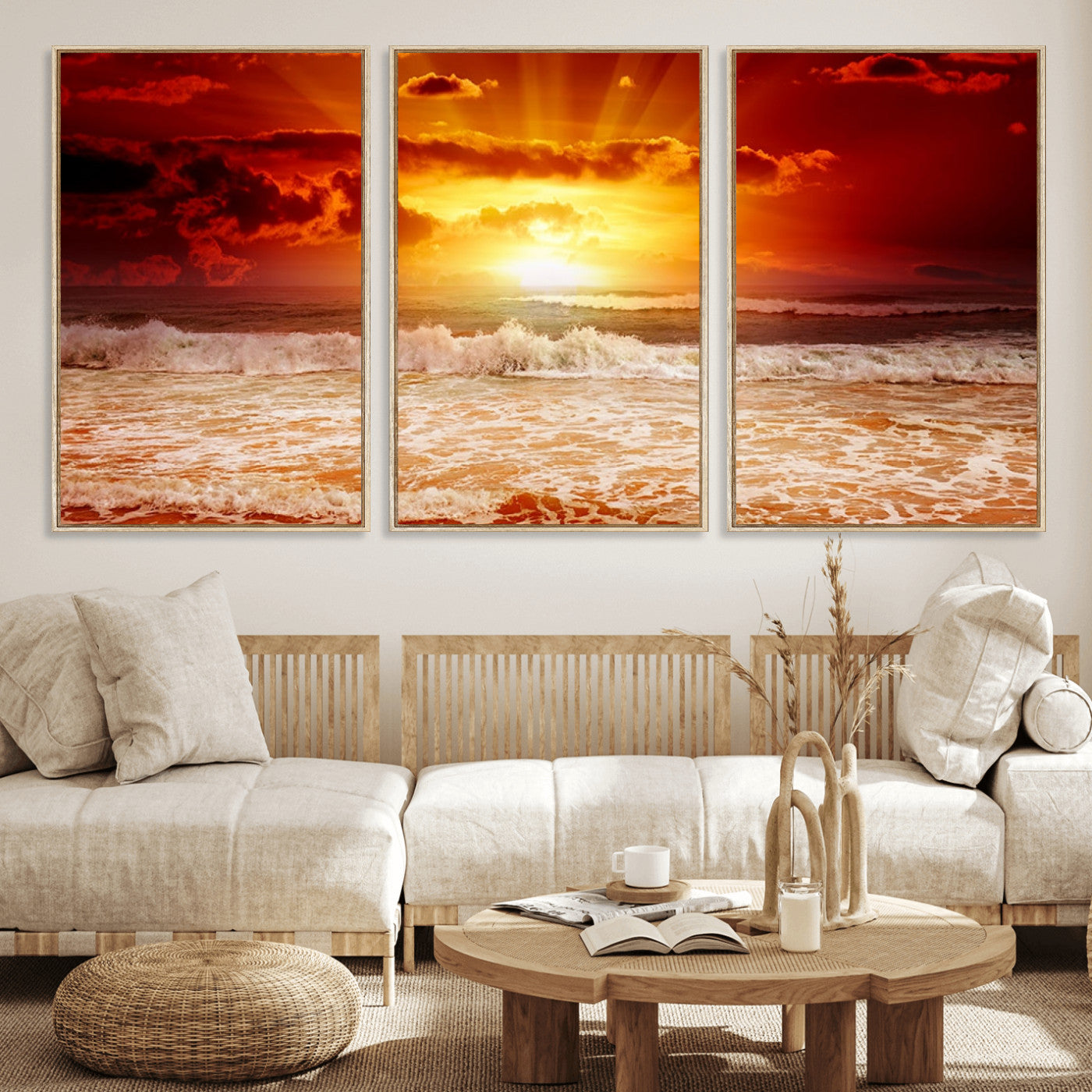 MGV-FC-60X30-3P - Red Sunset Ocean Beach Canvas Wall Art Beach Canvas, Coastal Sunset Print