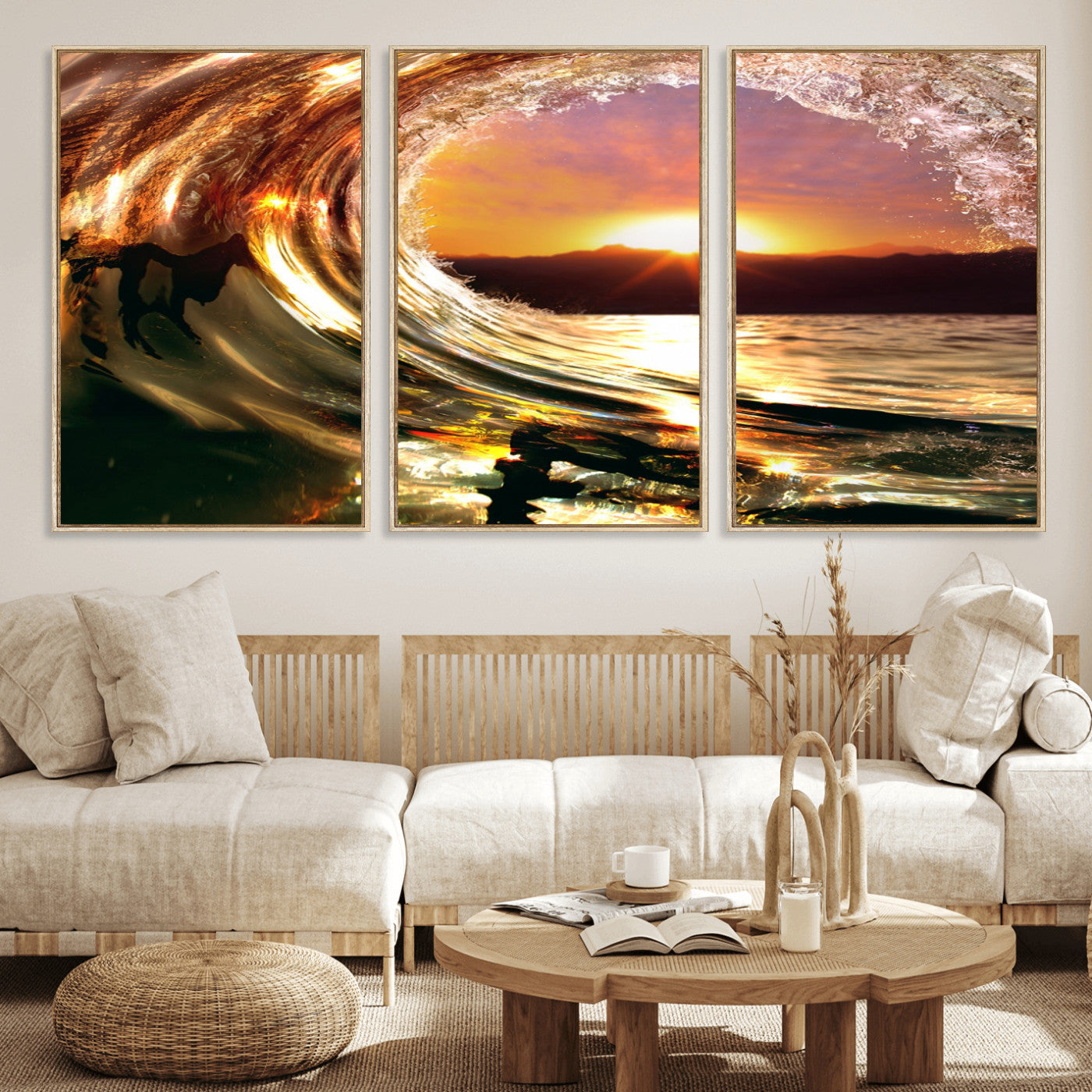 MGV-FC-60X30-3P - Golden Wave Sunset Triptych Canvas Art, Giclee Canvas Print of Ocean Wave and Sunset, Framed Ocean
