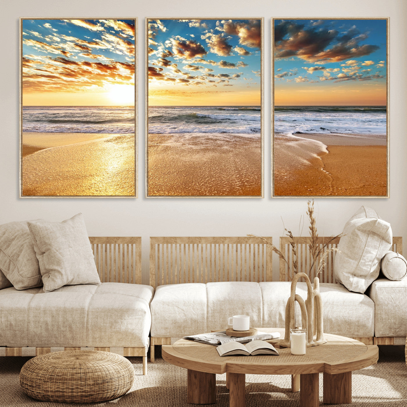 MGV-FC-60X30-3P - Golden Sunset Beach Print Canvas Wall Art, Giclee Canvas Print with Canon Print Quality, Triptych