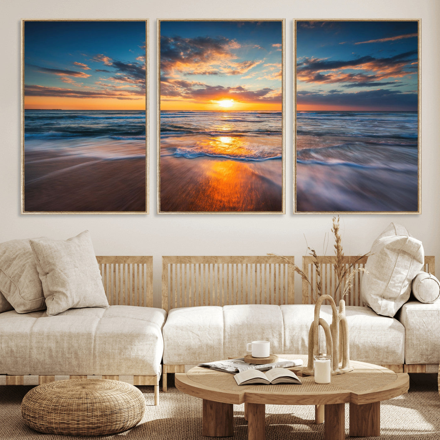 MGV-FC-60X30-3P - Sunset on the Ocean Beach with Waves, Reflections on Sand, Coastal Wall Art Print, Beach Wall Art,