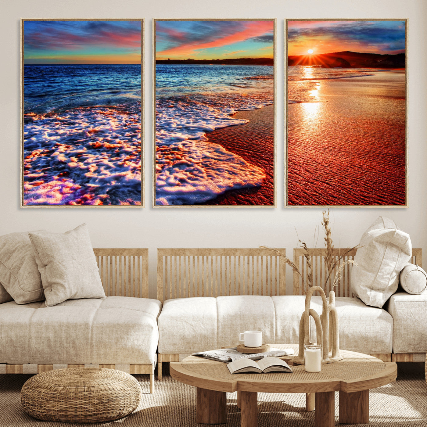 MGV-FC-60X30-3P - Colorful Coastal Sunset on the Beach Canvas Print, Ocean Waves Crashing at Dusk, Multi-Panel Seascape Vibrant Coastal Wall Art Canvas Print