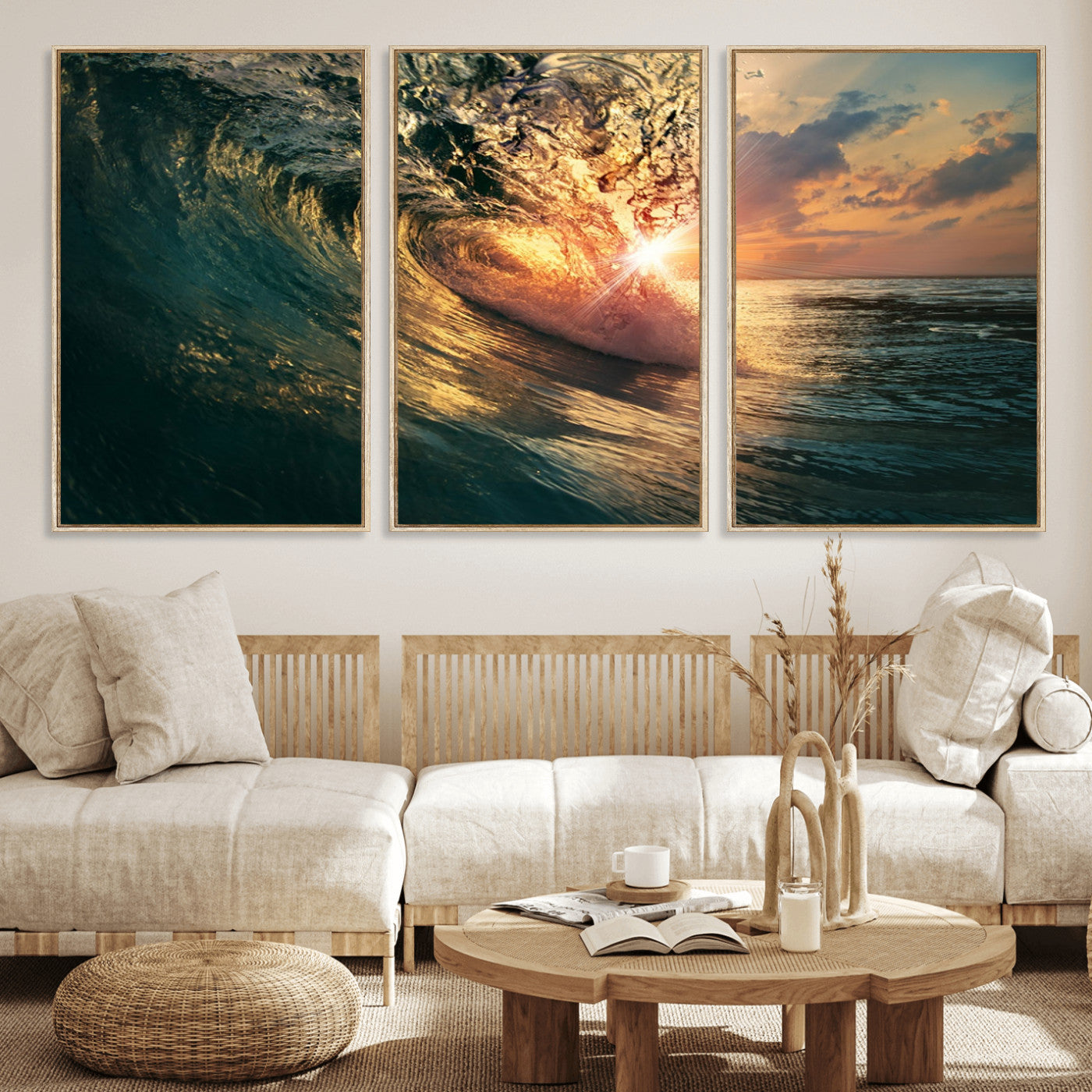 MGV-FC-60X30-3P - Ocean Wave Sunset Canvas Wall Art – Triptych Seascape Print – Framed and Ready to Hang for Living Room or Office