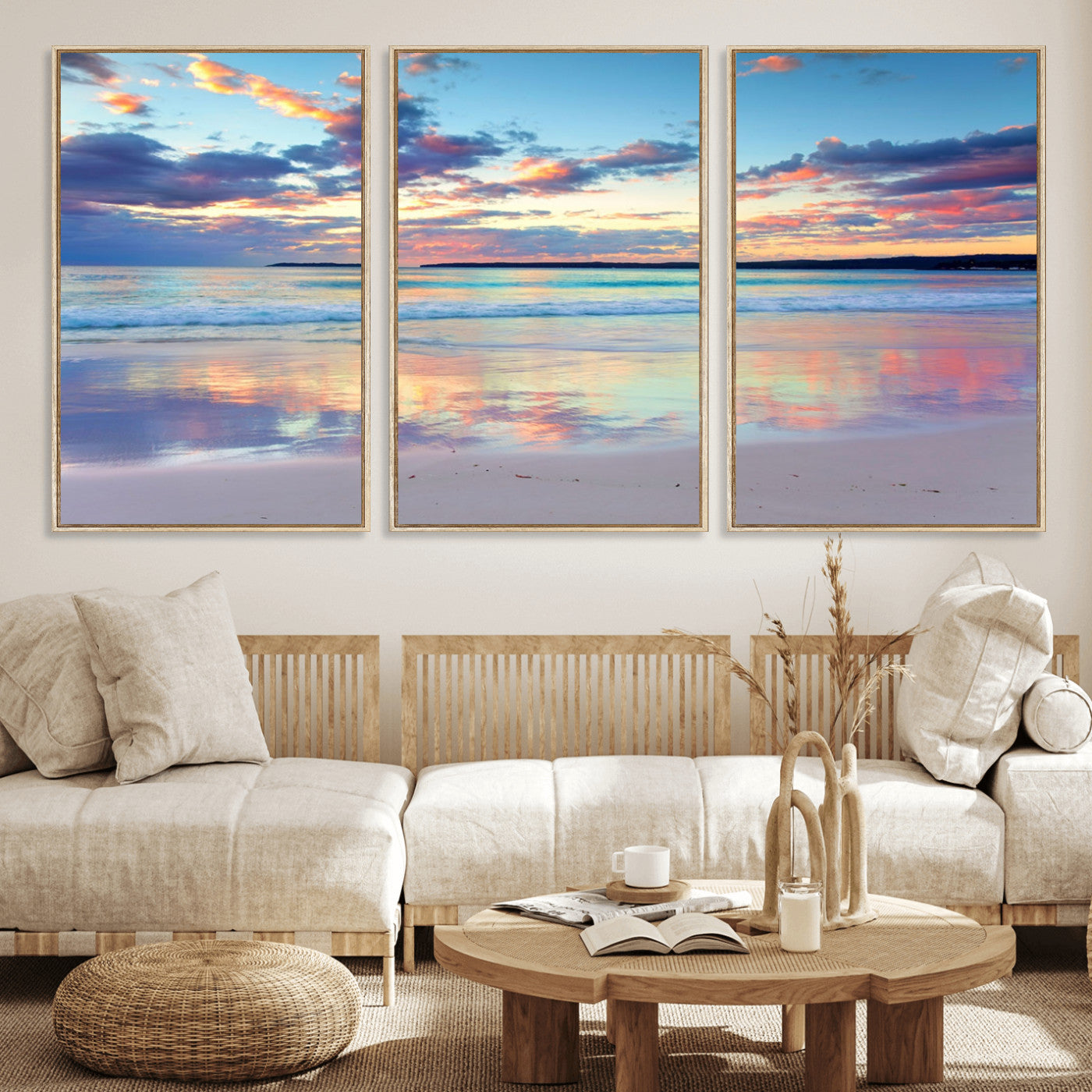 MGV-FC-60X30-3P - Tranquil Pastel Sunset Beach Triptych Canvas Art, Soothing Coastal Ocean Shoreline Giclee Print, Beach Reflections Wall Decor for Serene Spaces