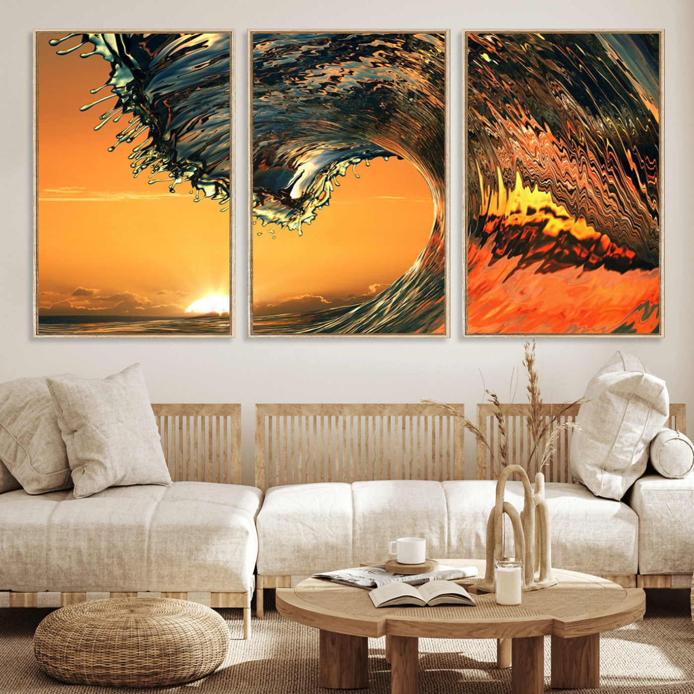 96977-MGV-FC-60X30-3P_Natural-Surf Wave Sunset Canvas Wall Art Print, 3-Panel Ocean Coastal Wall Art Print, Ocean Decor for