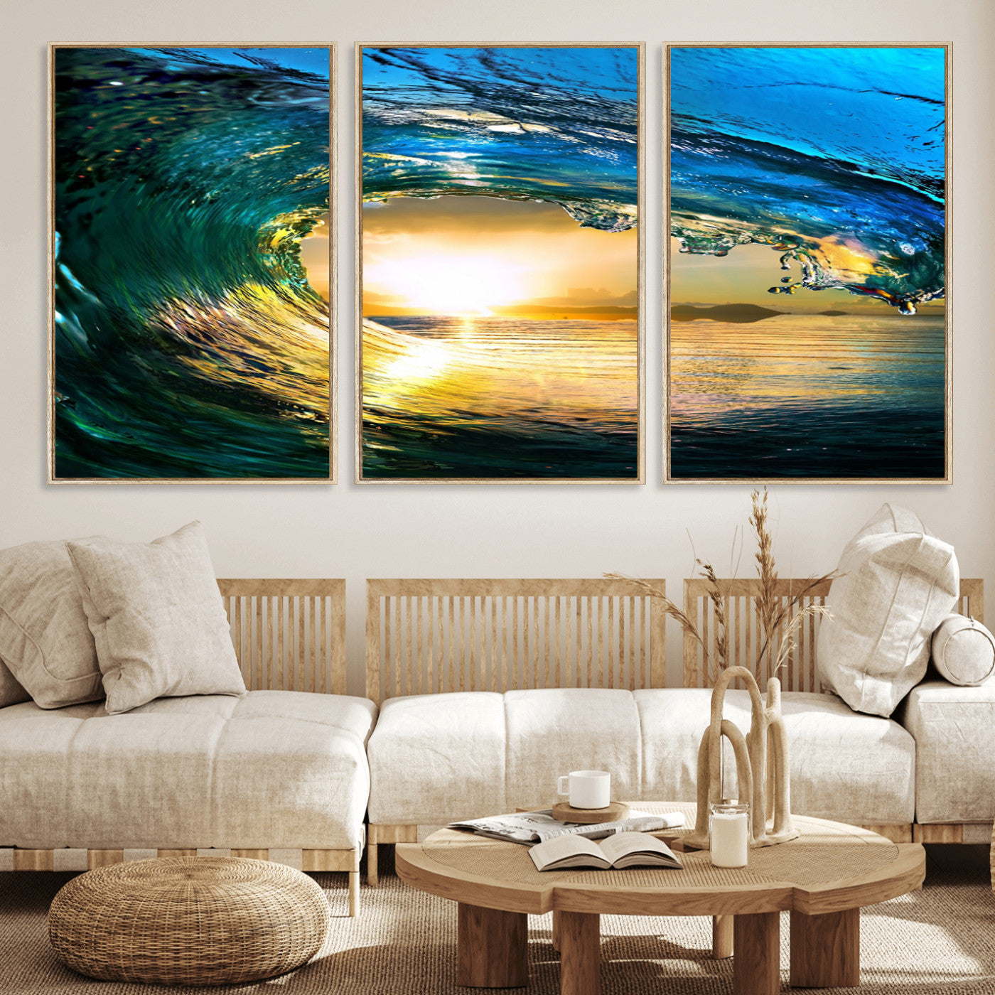 MGV-FC-60X30-3P - Ocean Wave at Sunset Canvas Art, Large Wall Print of Vibrant Water Waves, Coastal Art for Living Room and Dining Room