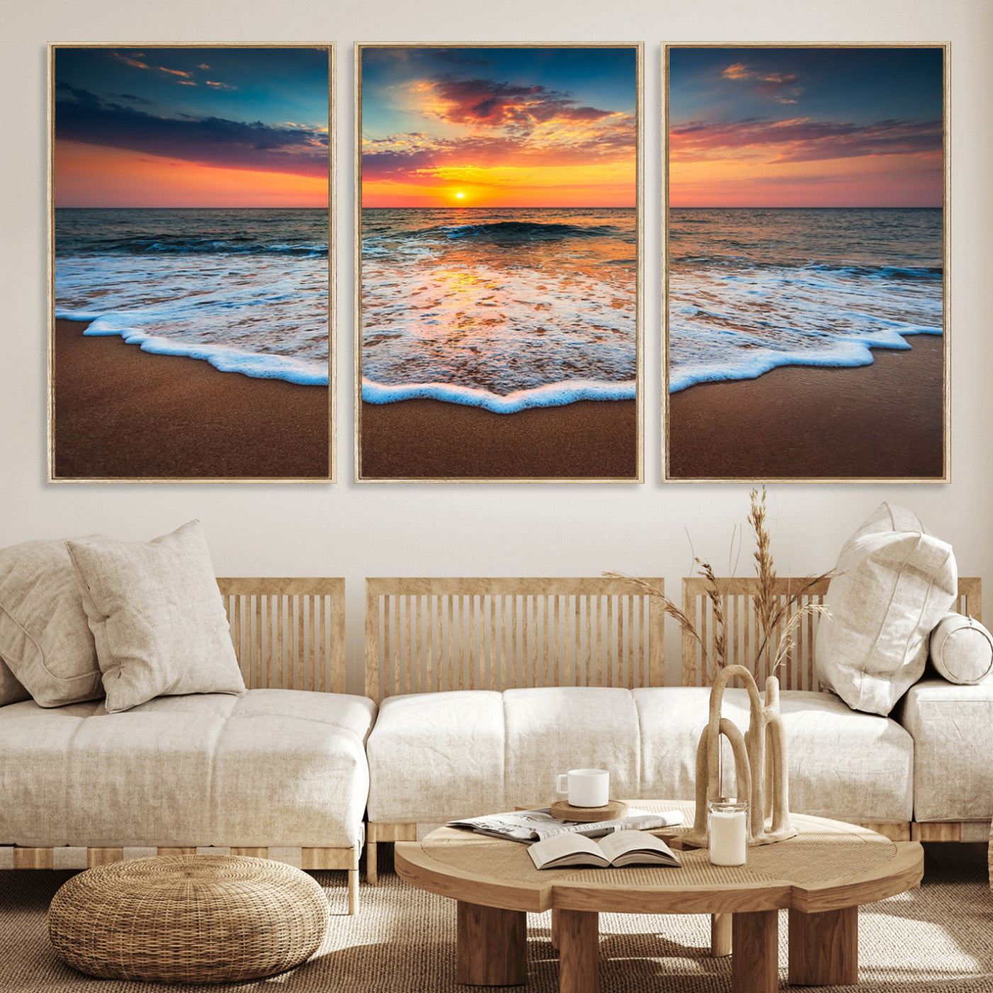 MGV-FC-60X30-3P - Sunset Beach Canvas Wall Art – Colorful Ocean Waves Triptych – Coastal Decor for Living Room or Bedroom – Framed and Ready to Hang